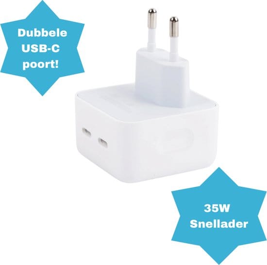 USB-C + C oplader 35W – twee USB-C poorten – snel en efficiënt – wit