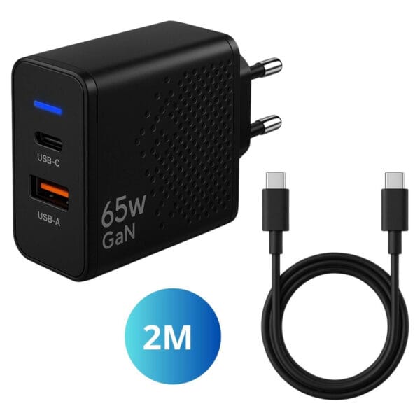 Gmedia 65W USB-C snellader 2-poorts met Power Delivery en Quick Charge – zwart